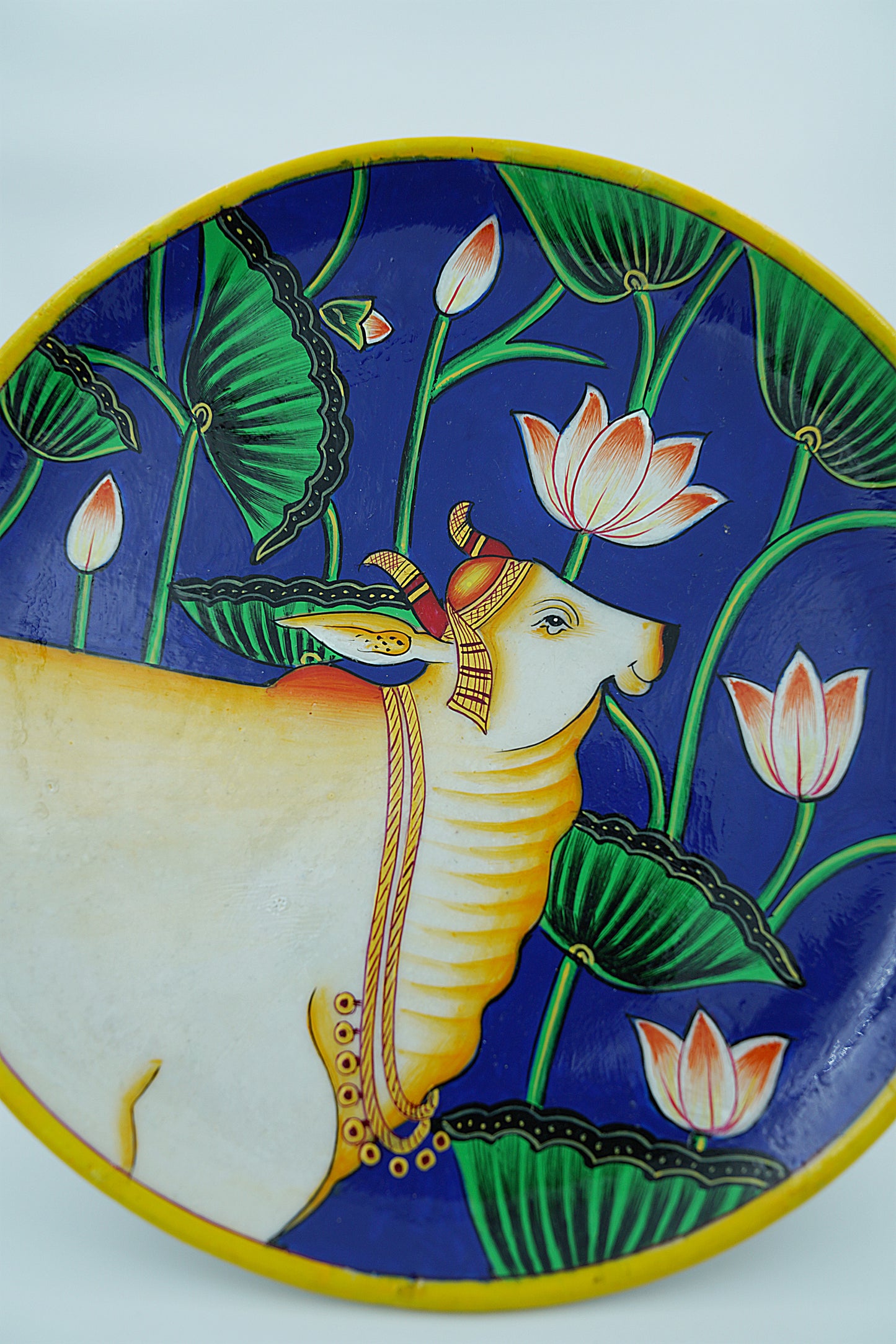 Jaipur Blue Pottery Wall Plates| Exclusive | 10' Inch | Golden Cow | Handcrafted | Hand-painted |