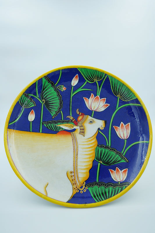 Jaipur Blue Pottery Wall Plates| Exclusive | 10' Inch | Golden Cow | Handcrafted | Hand-painted |