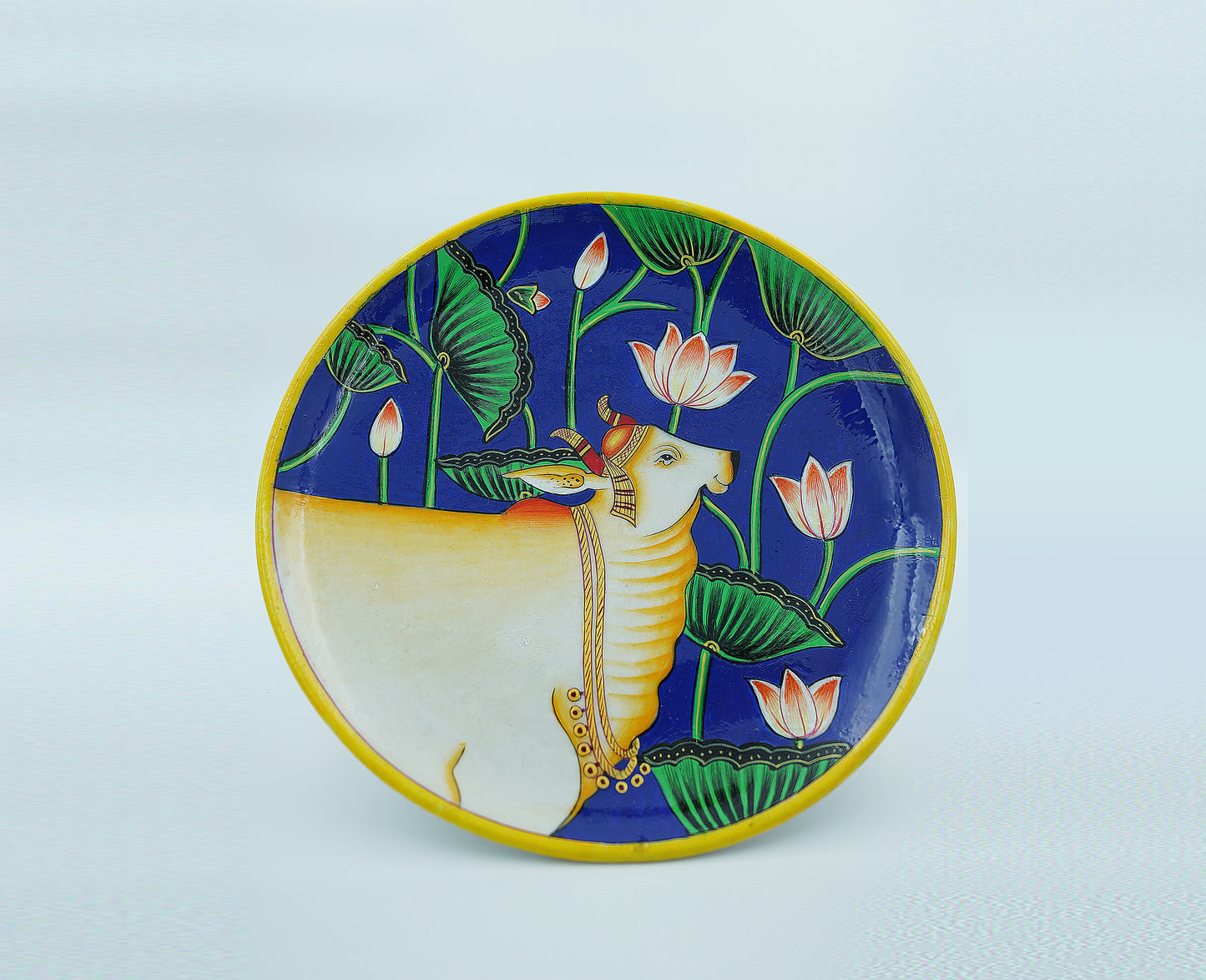 Jaipur Blue Pottery Wall Plates| Exclusive | 10' Inch | Golden Cow | Handcrafted | Hand-painted |