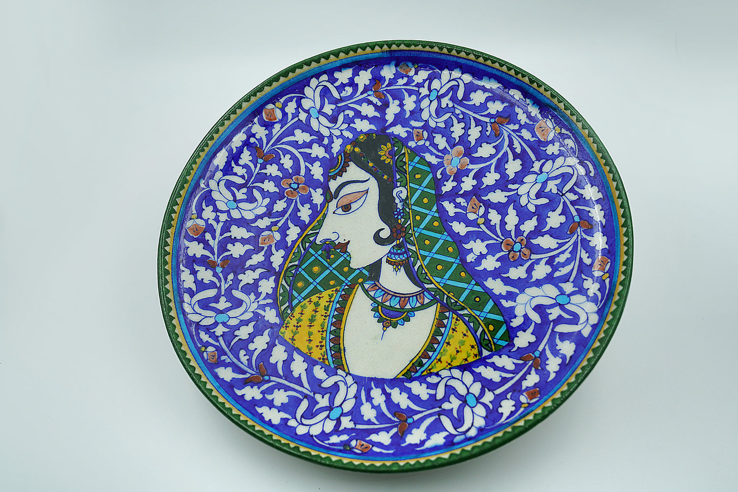 Jaipur Blue Pottery Wall Plates | 12' Inch | Rajasthani Princess | Handcrafted | Hand-painted