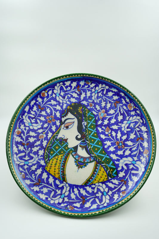 Jaipur Blue Pottery Wall Plates | 12' Inch | Rajasthani Princess | Handcrafted | Hand-painted